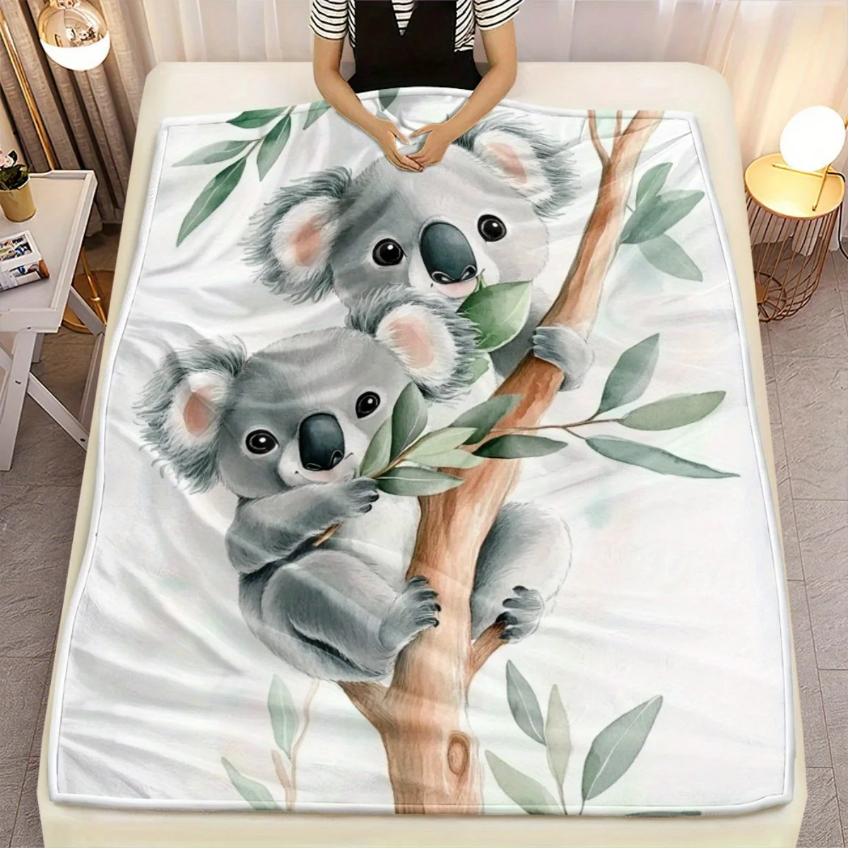 Cute koala bear tree eucalyptus leaves blanket baby animals Australian wildlife soft flannel blanket nursery decor kids bedroom