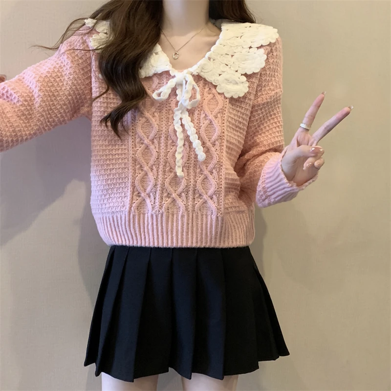 Winter Pullovers Women Patchwork Peter Pan Collar Bow Sweet Lovely All-match Knitting Chic Fluffy Design Autumn Tops Female Ins