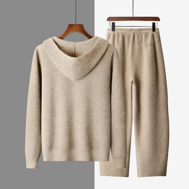 2025 100% Cashmere Men Hooded Cardigan Sweater and Pants Thick Warm Autumn Winter Cashmere Jacket Hoodie Knitwear Trousers Suit