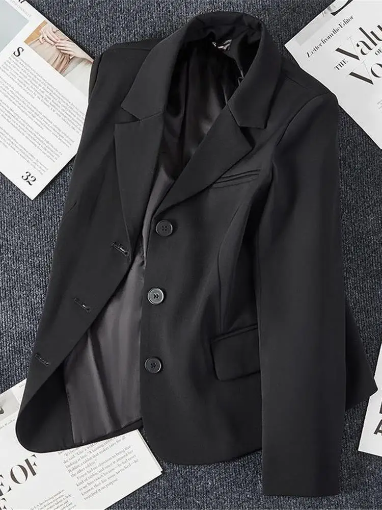 

Черный приталенный короткий пиджак для женщин на пуговицах, профессиональная рабочая одежда, весна-осень, новинка, маленький размер