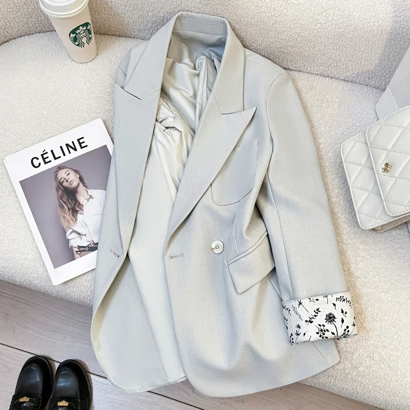High Quality Blue Simple Basic Loose Suit Jacket Women Chic Casual Loose Office Lady French Long Sleeve Stitching Suit Coat