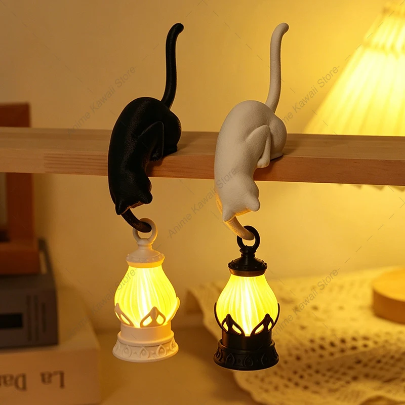 3D Printed Cat Shelf Hook With LED Lantern Creative Home Shelf Cat Figurine Ornament for Bedroom Unique Gift for Cat Lovers