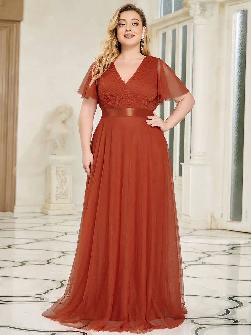 Plus Size Elegant Evening Dress Long V neck Lace Sleeves A-Line Floor-Length Gown 2024 Ever Pretty of Simple Prom Wome Dress