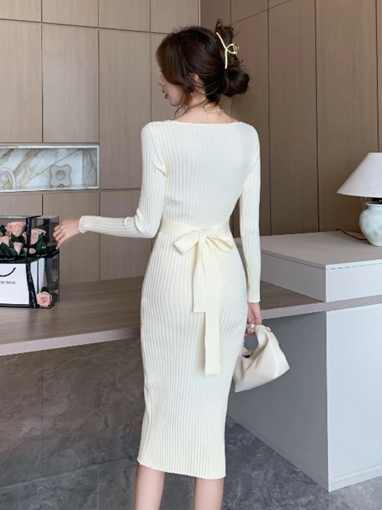 Women Clothes Knitted Sweet Solid Floral Square Neck Skinny Pencil Dress Ladies Sweater Casual Stretchy Robe Mujer Vestidos New