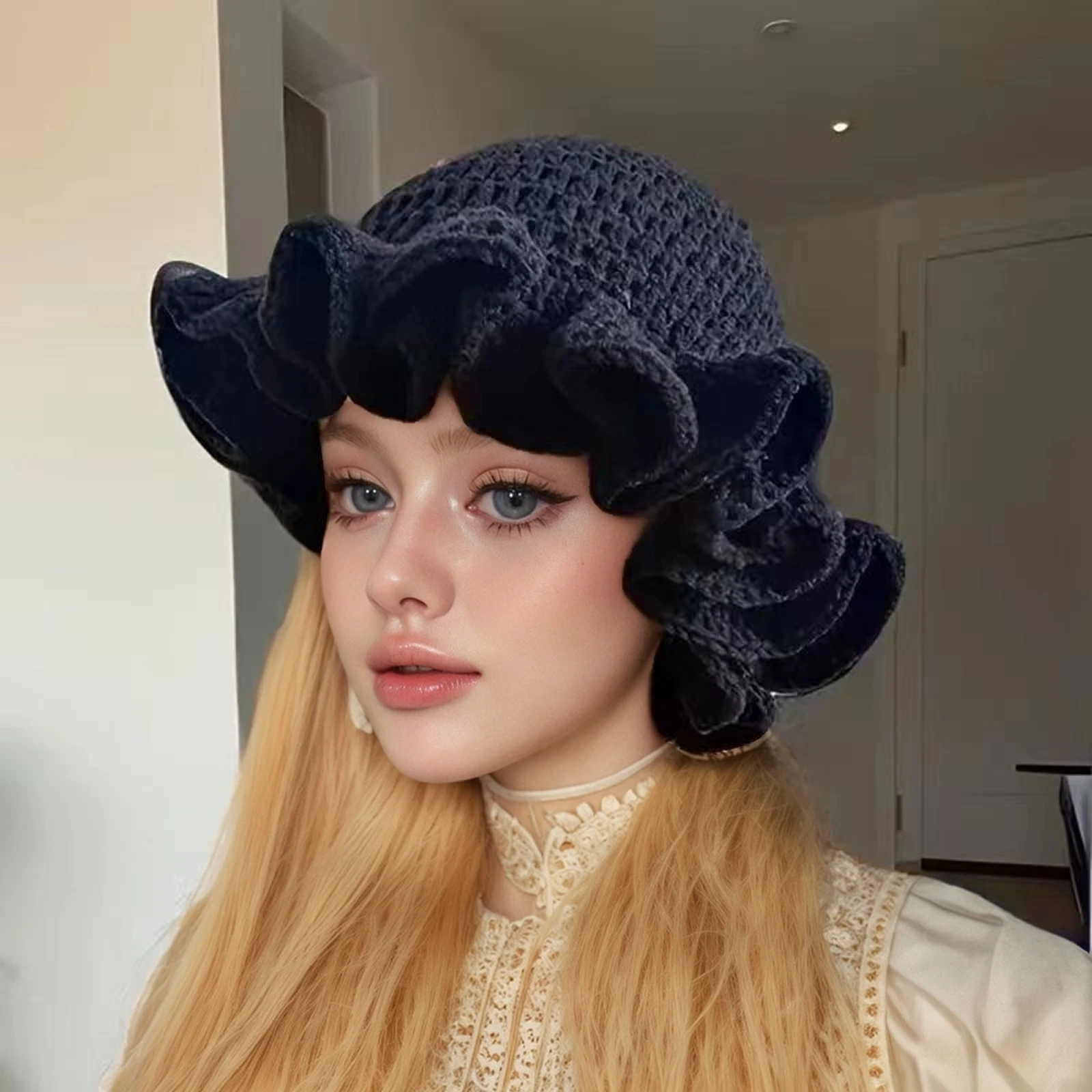 Handmade knitted hat with pleated ruffle edges and lace for both men and women, quirky and creative adult hat