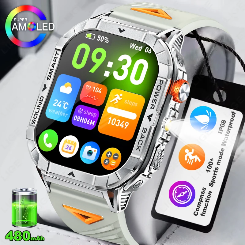 

LIGE Новые 2,13-дюймовые Смарт-часы с AMOLED-экраном, мужские спортивные часы для фитнеса, Bluetooth, музыкальные часы, монитор здоровья, умные часы со светодиодным фонариком