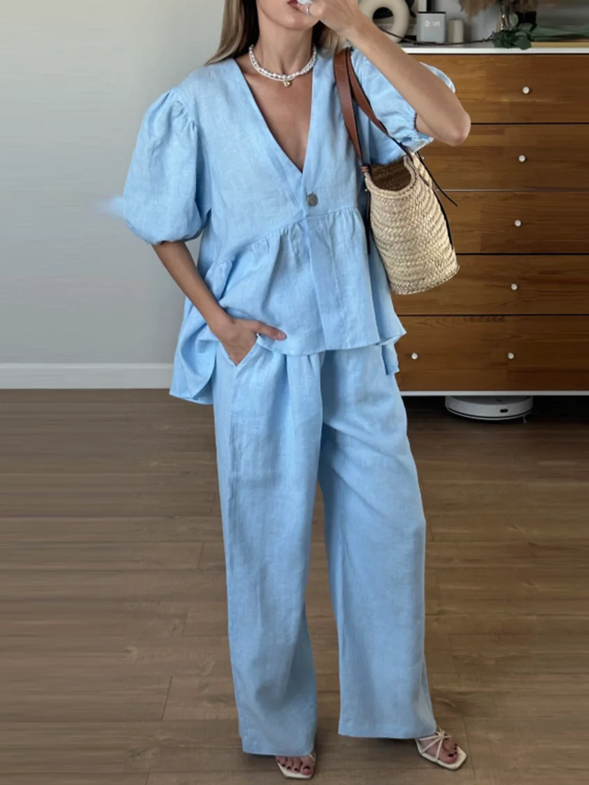 Parc Fee Fashion Loose Blue Cotton 2 Piece Set Woman Outfit 2025 Summer Short Sleeve Shirt With High Waist Wide Pants Set Female