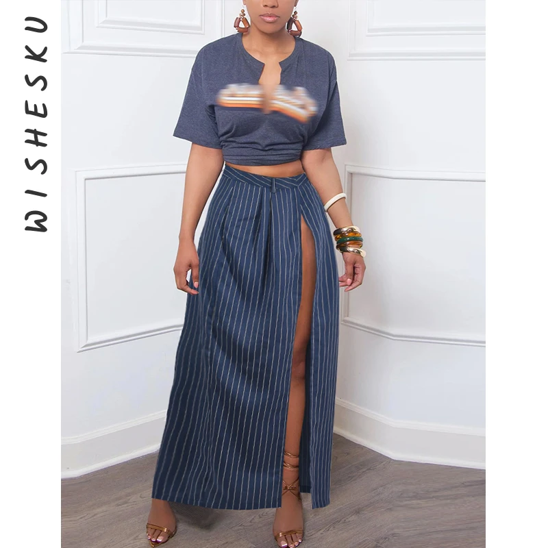 

Sexy High Slit Baggy Maxi Skirt Women Stripe Print Cut Out Long Skirts 2024 Summer Vintage Fairy Grunge Clothes