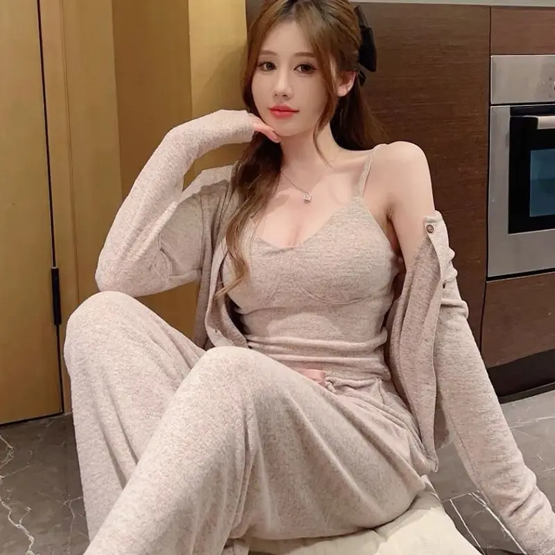 New Modal Women's Sleepwear Thin Long Sleeve Three-piece Set with Chest Pad Can Be Worn outside Home Clothes Summer Set