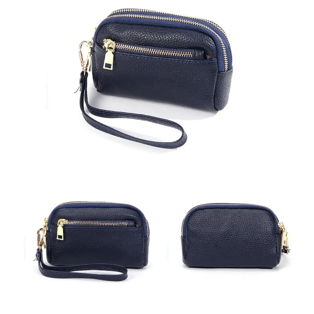 Fashion Cowhide Leather Wallets Solid Color Multi Functional Coin Purse Three Zipper Casual Change Bag for Women