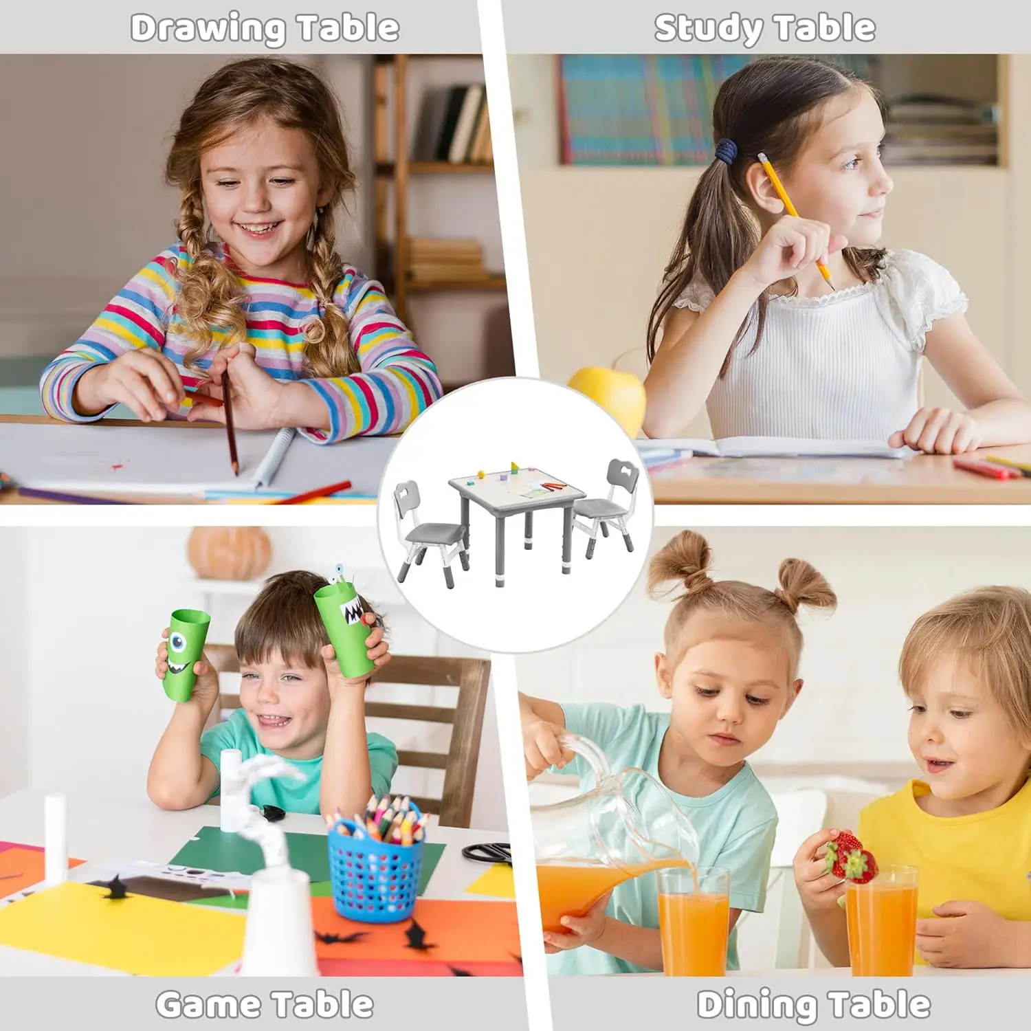 キッズテーブルと椅子2脚セット、高さ調節可能（17.7インチ～26.1インチ）幼児用テーブルと椅子セット、マルチアクティビティテーブル、落書きデスクトップ