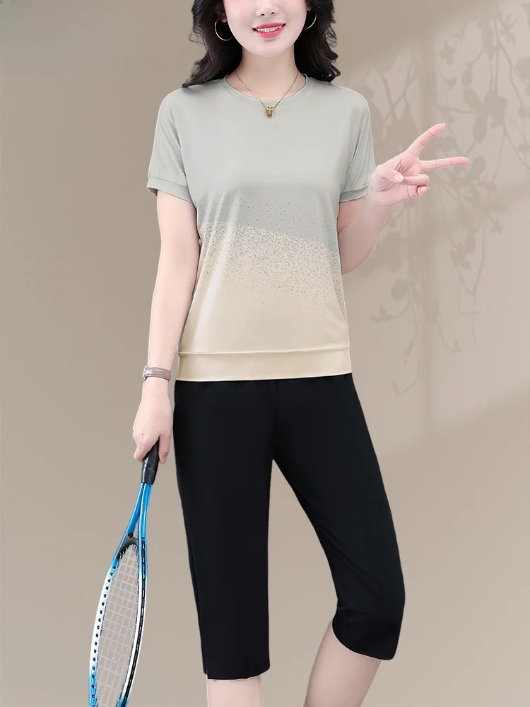 TUCANO Ice Silk Qui Dry Sports Set Women Summer Thin ort Sve Seven Pants Two Piece Set Breathable Comfortable Polyeste...