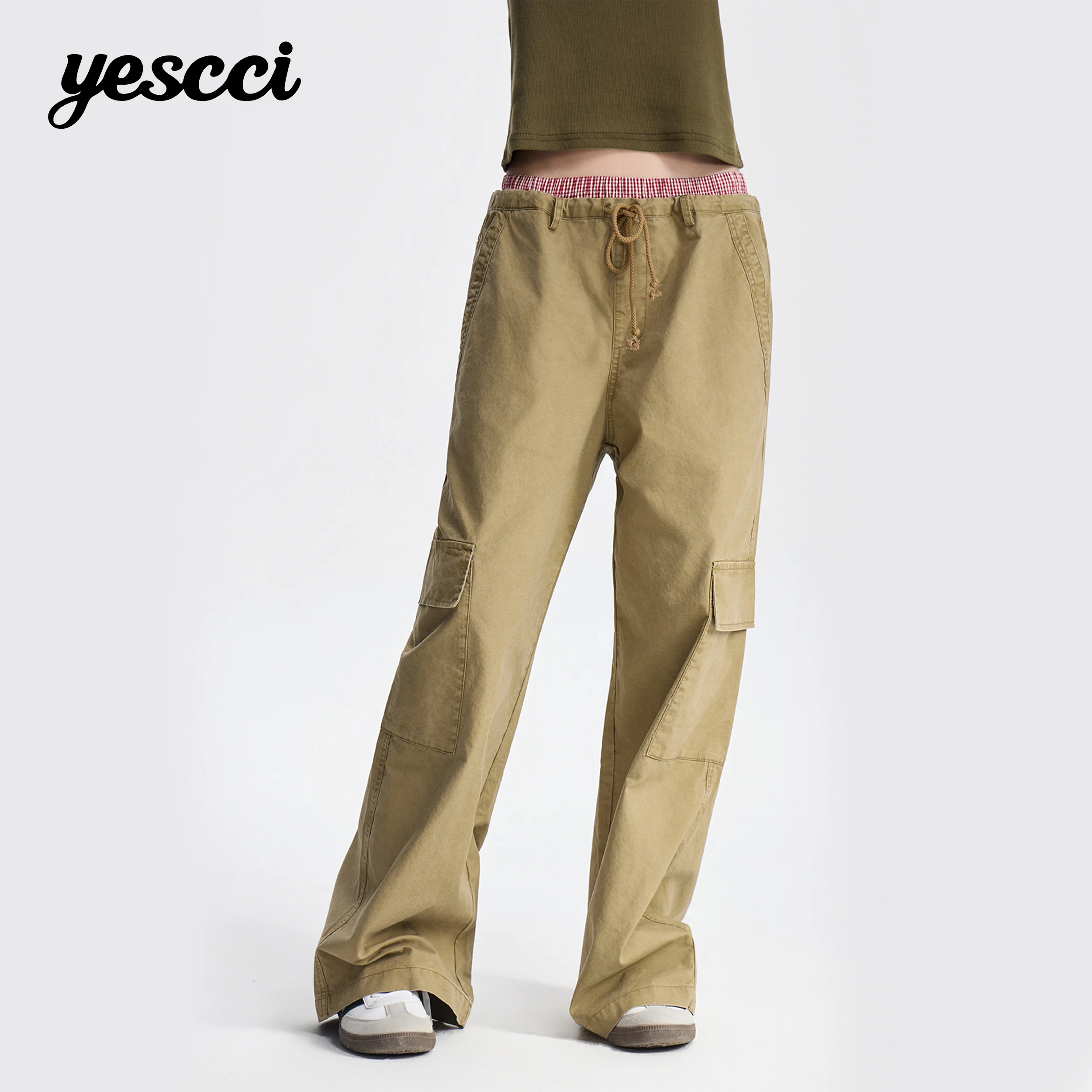 YESCCI Women's Pants 2026 New Patchwork Plaid Waist Multi-Pocket Straight Trousers Casual Long Cargo Pants For Women S56341017