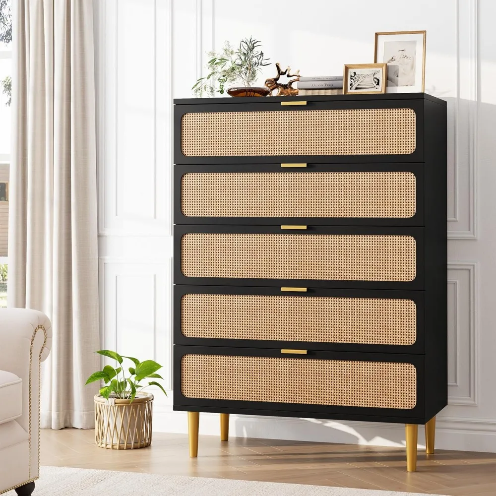 Bedroom Tall Rattan 5-Drawer Dresser with Deep Storage and Spacious Top