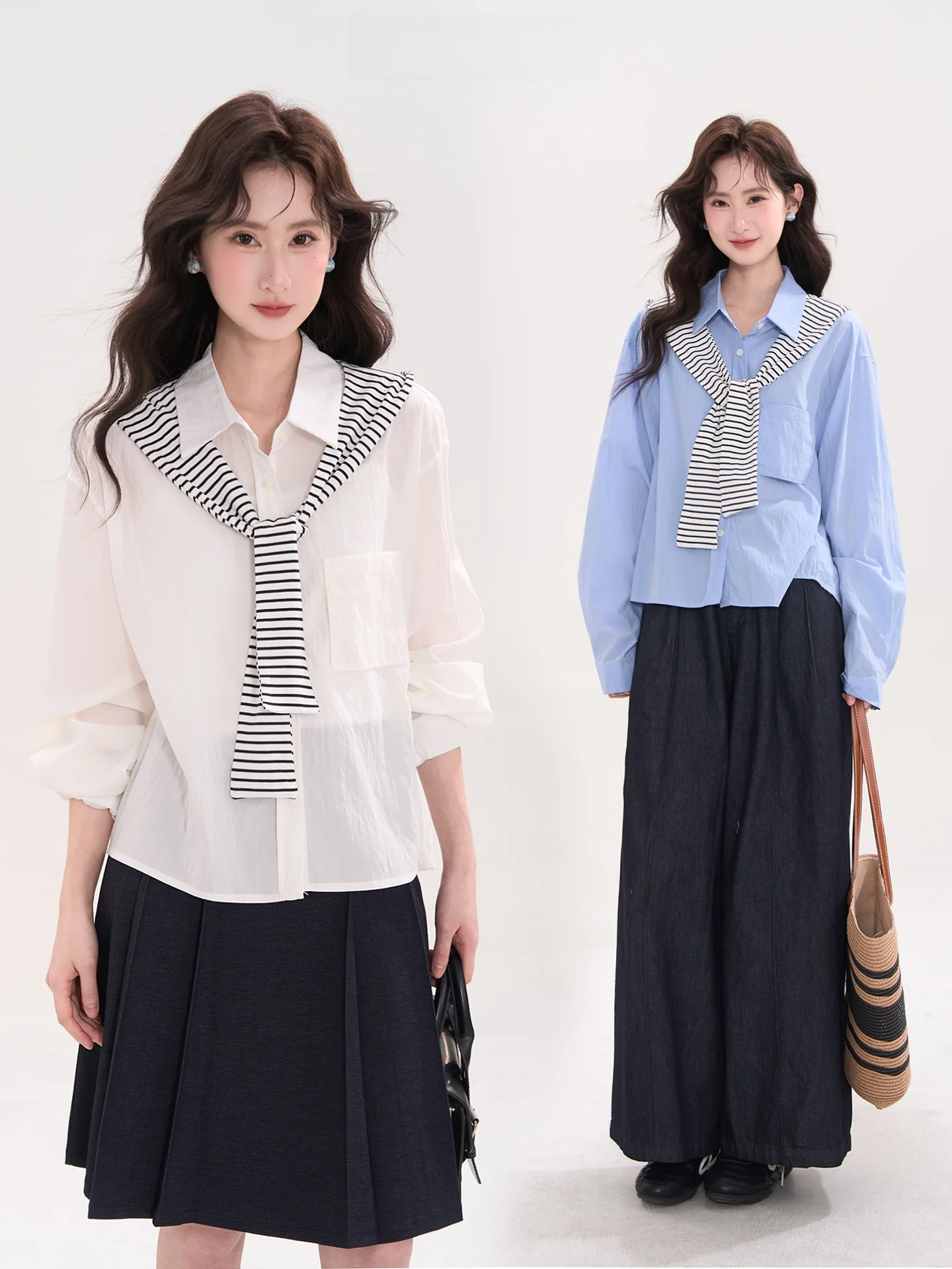 

Корейский стиль: Полосатая рубашка с капюшоном и длинными рукавами, комплект из двух предметов для женщин, весенняя мода, повседневный прямой крой, смесь полиэстера