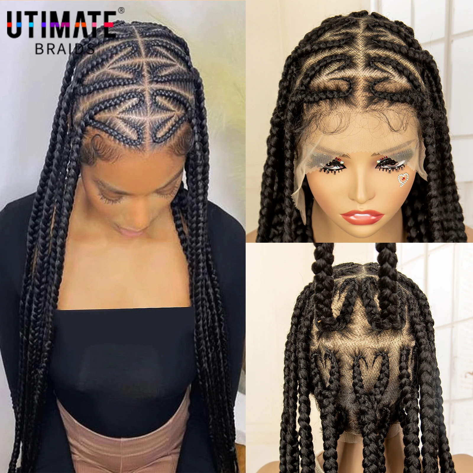 Nuova parrucca intrecciata senza nodi con cuore in pizzo pieno sintetico parrucche intrecciate Afro Cornrow per donne nere con parrucche per trecce con scatola per capelli per bambini