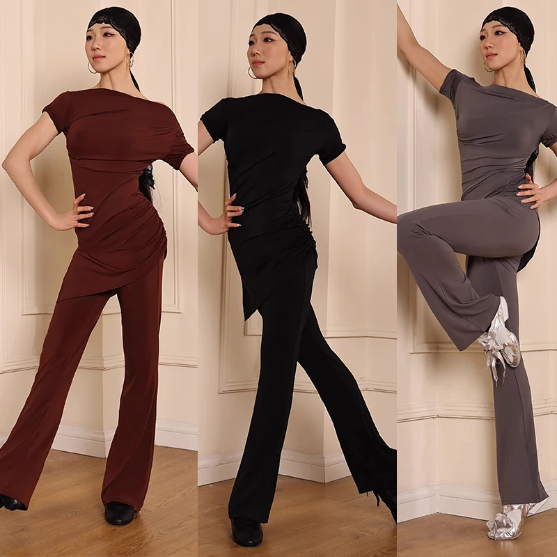 

New Latin Dance Clothes Women Ballroom Dance Practice Clothing Tops Pants Short Sleeves Rumba Salsa Dance Training Wear BL15605