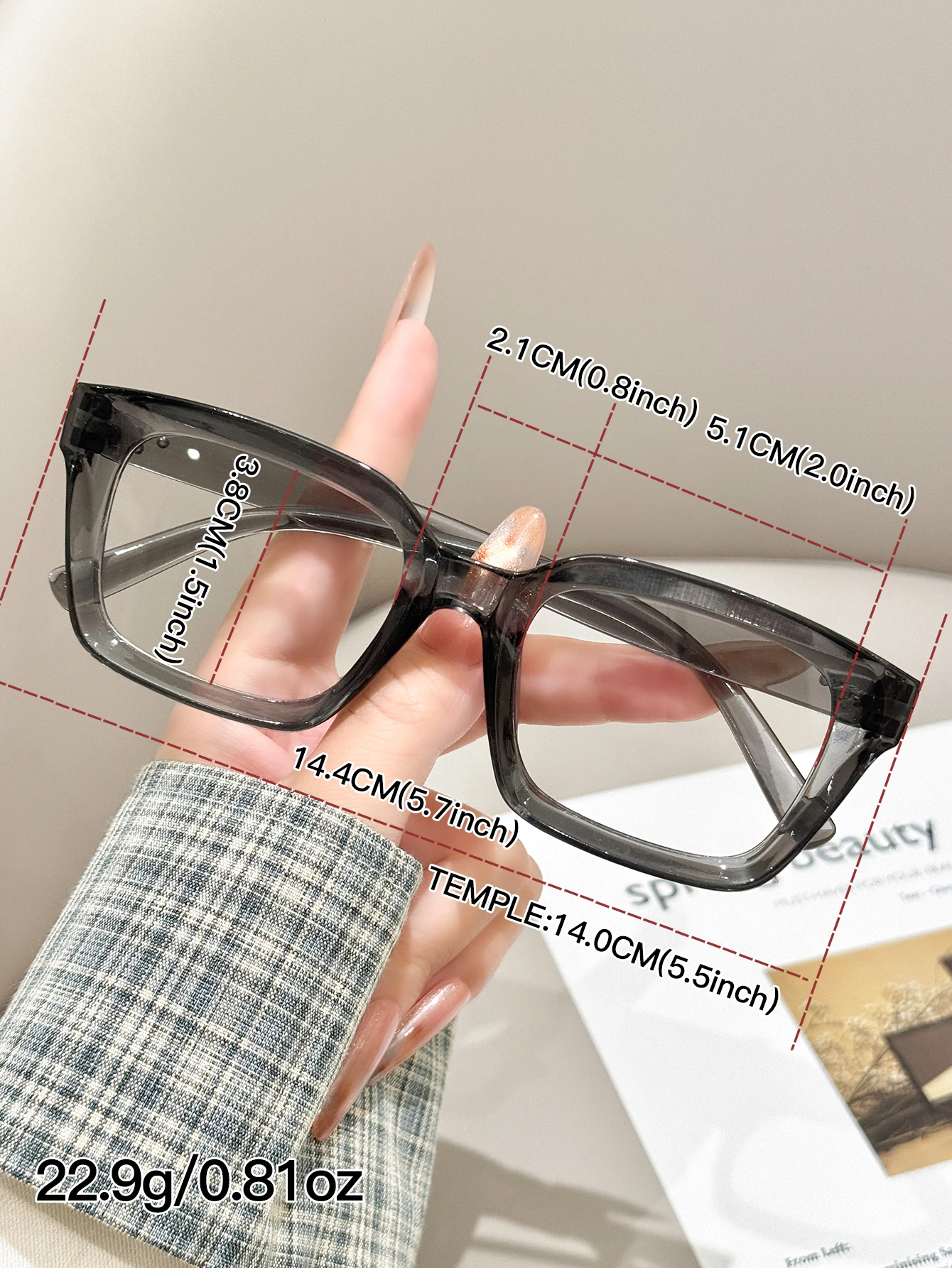 1pc light gray square frame glasses, transparent and foggy tone, commuter makeup all-match single product