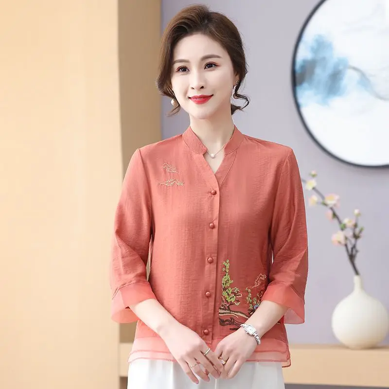 

Elegant Mid-Age Mom Summer Shirt with 3/4 Sleeves