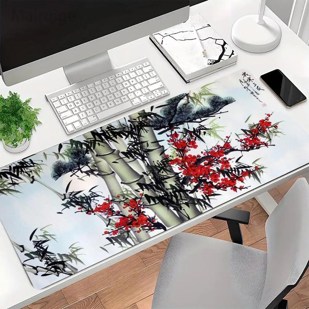 Vintage Rice Paper Ink Bamboo Calligraphy Playmat large size games office desktop keyboard accessories laptop mousepad