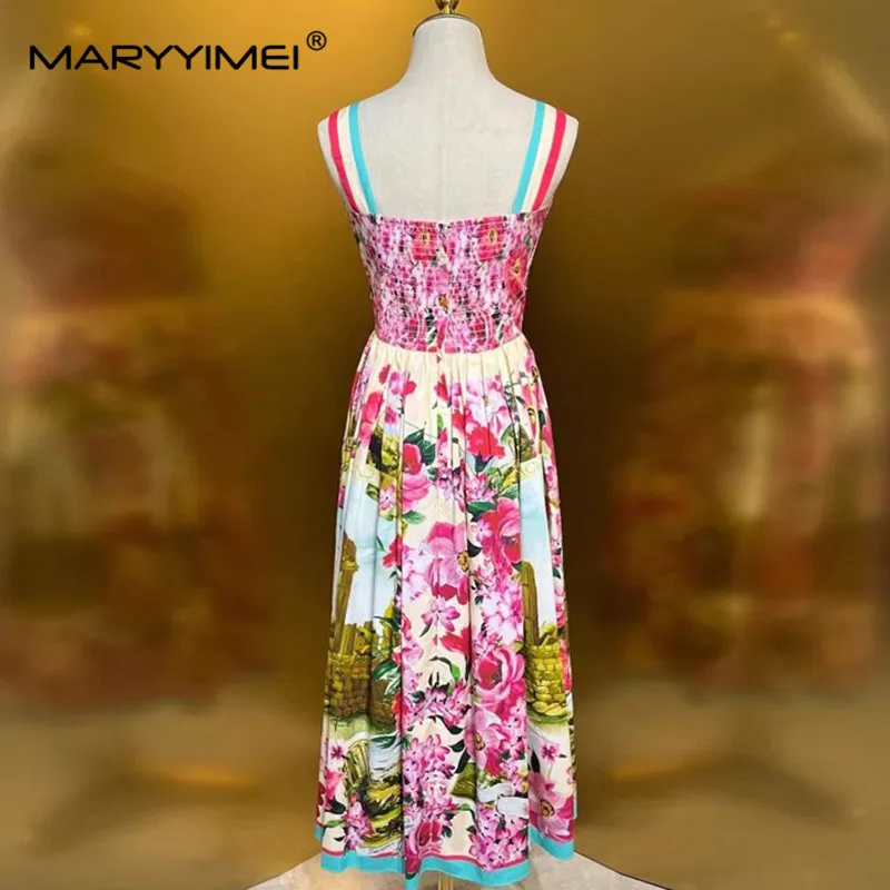 MARYYIMEI Fashion Design Women\'s Dress Square-Neck Spaghetti Strap Backless High waist Slim Print Pleated Cotton Dresses