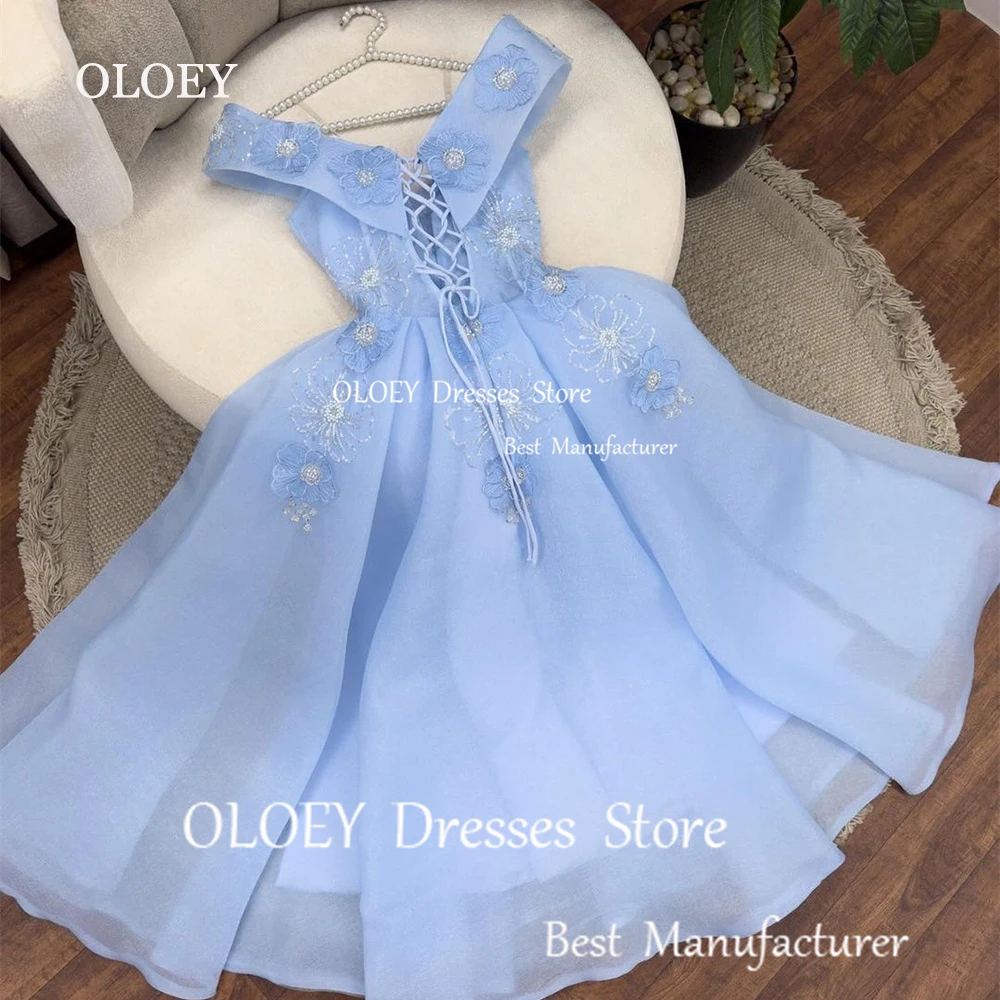 

OLOEY Elegant Light Blue A Line Evening Dress Silky Organza Beads Applique Floor Length Wedding Party Gown Off Shoulder Corset