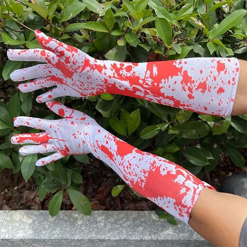 Halloween White Bloody Long Bloodstained Gloves  Scary Blood Splattered Gloves Scary Cosplay Costume Masquerade Accessories