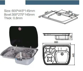 Caravan Sink & Cooktop Stove Hob Combo With Tempered Glass Lid Built-in 2 Burner For Motorhome Camper Boat Yacht