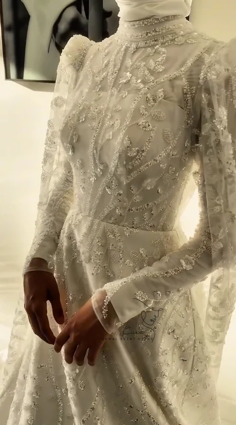 KUXA Customized Luxury Muslim Wedding Dresses Floor-Length Full Sleeves A-Line Saudi Kuwait Shine Bridal Gowns Robe De Mariée