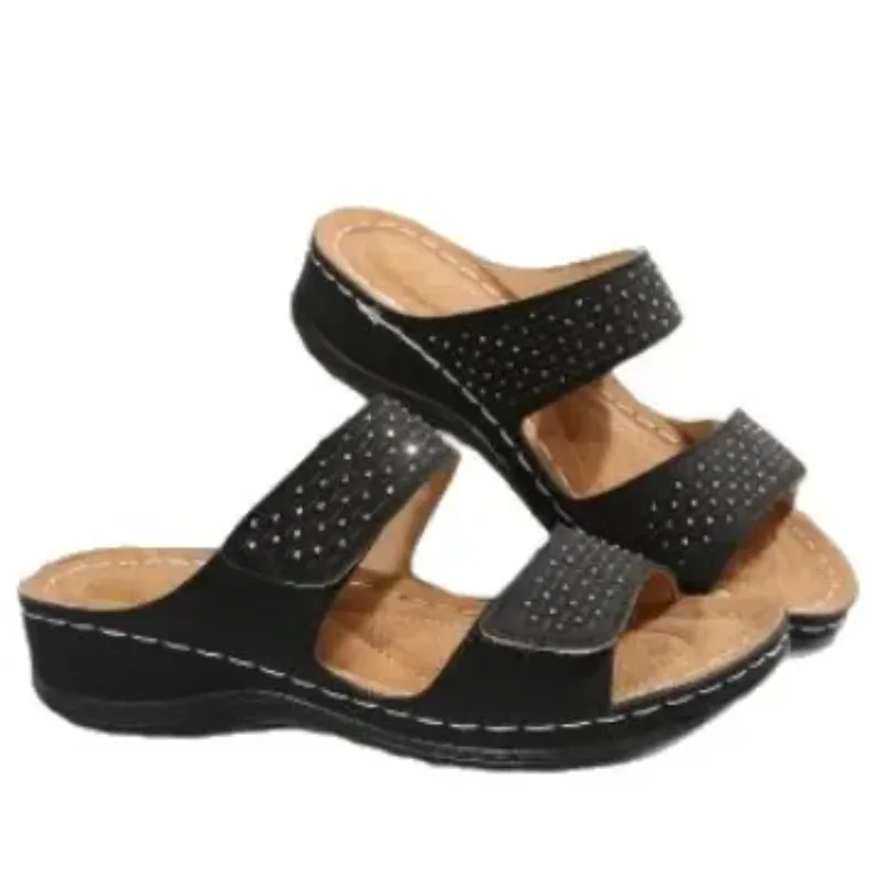 كعب سميك جنوب شرق آسيا الصنادل النسائية عبر الحدود سيارة خياطة المنحدر كعب نحت نعال شاطئ بولي Leather الخارجي لون نقي #6