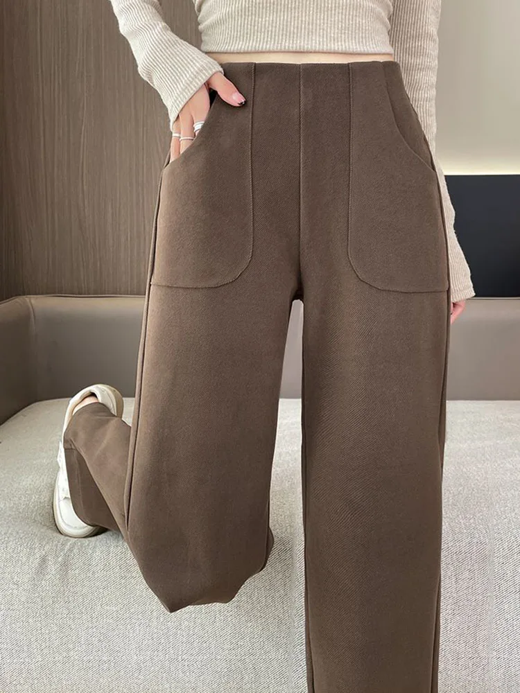 Korean Design Thicken Loose Straight Pants Winter Warm High Waist Velvet Lined Wide Leg Pantalones Casual Snow Wear Sweatpants