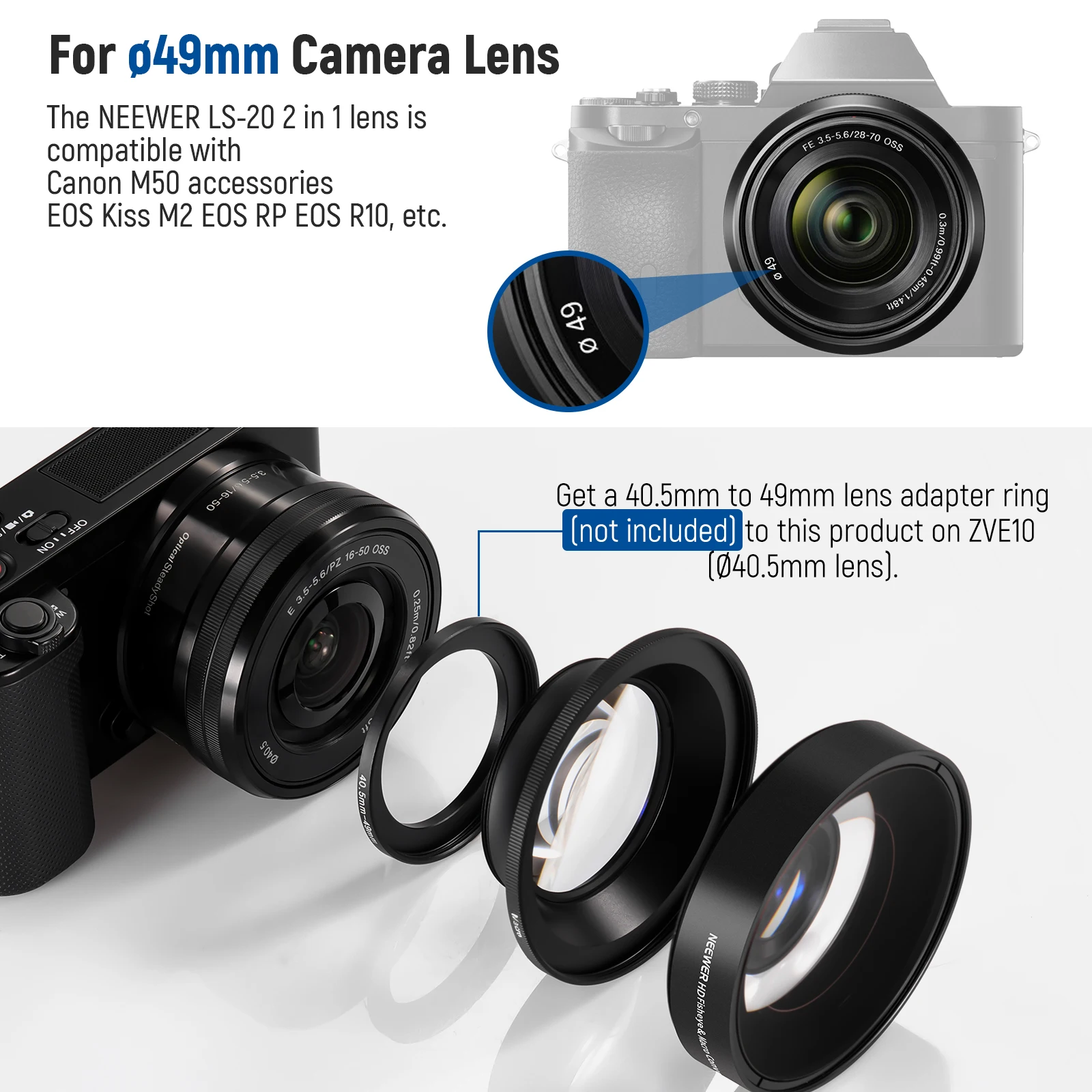 NEEWER 49mm 0.43X Fisheye & 1.4X Macro Lens, 18mm Focus Compatible with Canon EOS Kiss M2 RP R10, 40.5-49mm Adapter Ring