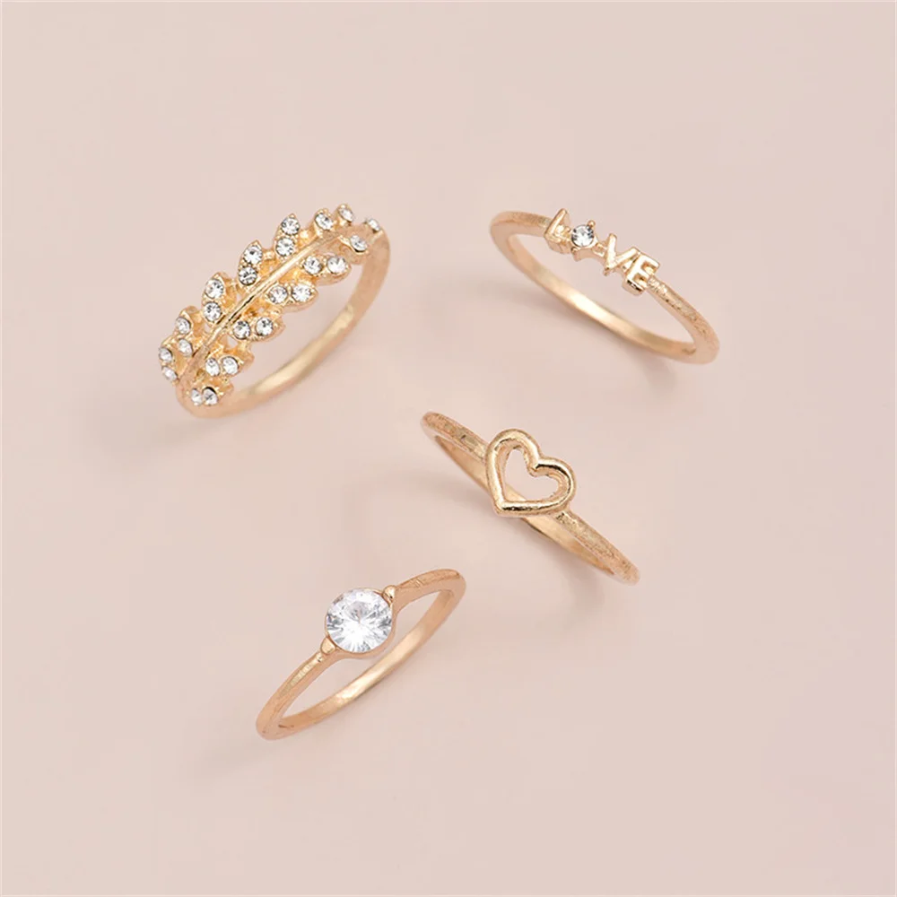 Vintage Gold-plate Crystal Heart-shape Letters Olive Leaf Peace Set Ring per le donne Trendy Personality Fashion Rings regalo di gioielli