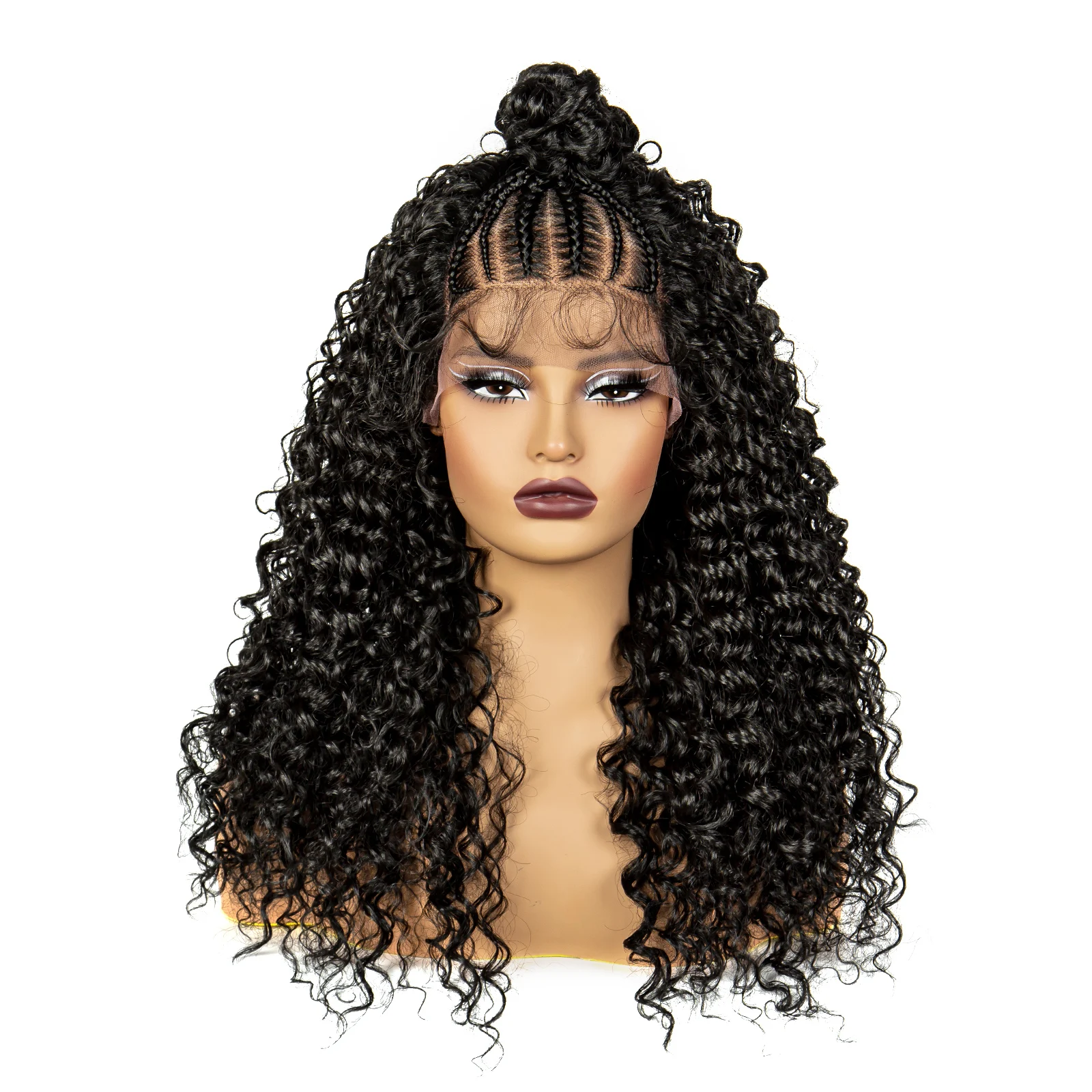 24 Inch Synthetic Lace Front Braided Wigs with Baby Hair for Black Women Kinky Curly 13x4 Transparent Curly Braids Wig with Buns