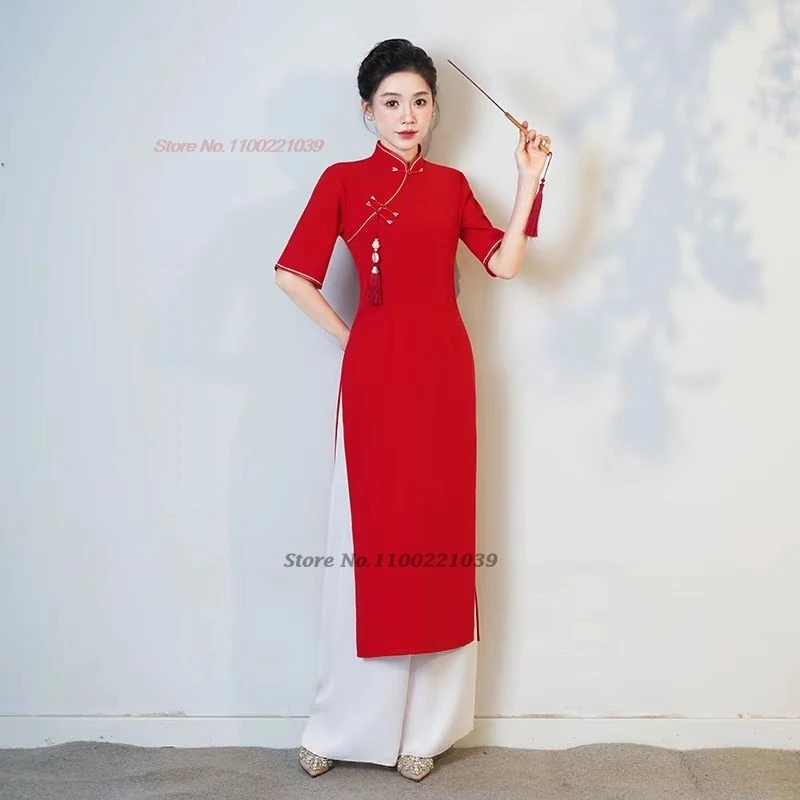 2026 vietnam aodai dress improved cheongsam traditional oriental ao dai dress+pants set vintage qipao dress party banquet dress
