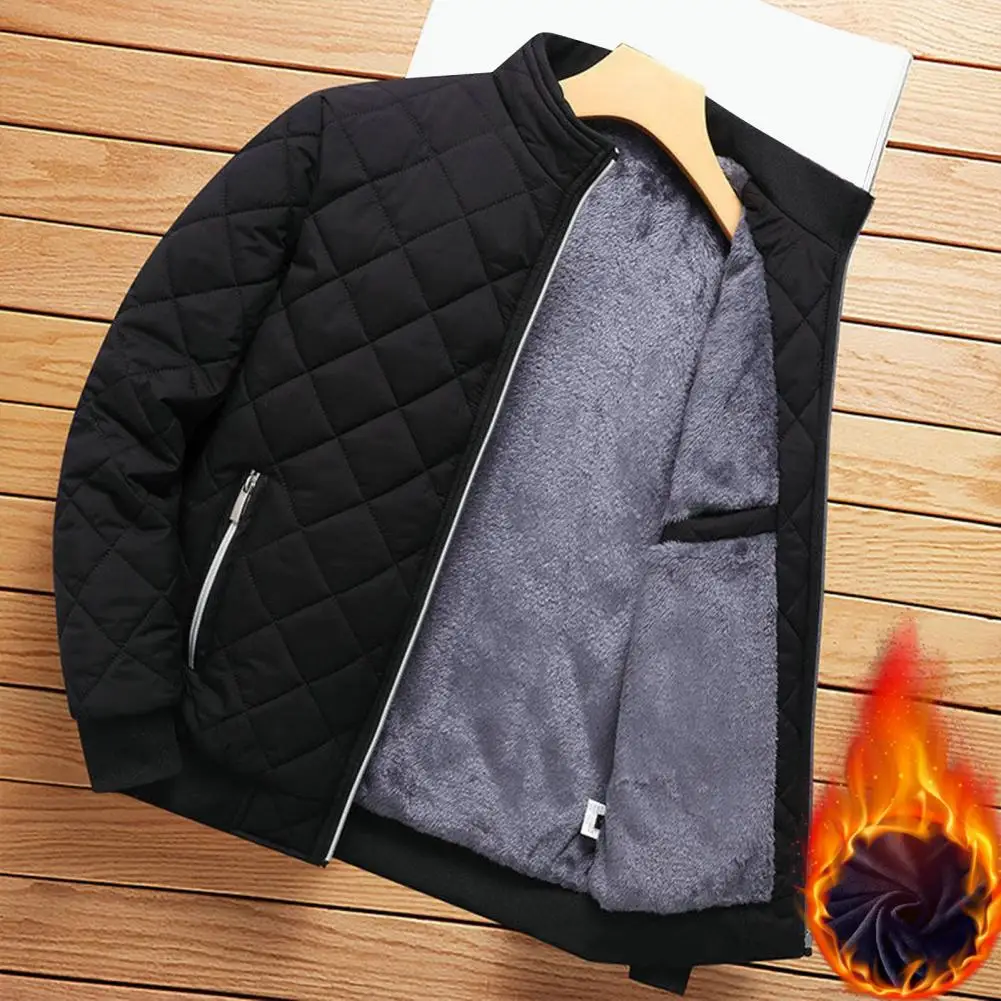 Zipper Pockets Men Jacket Full Zipper Closure Men Coat Winter Jacket for Men Stylish Plaid Texture Warm Fleece Lining Pockets