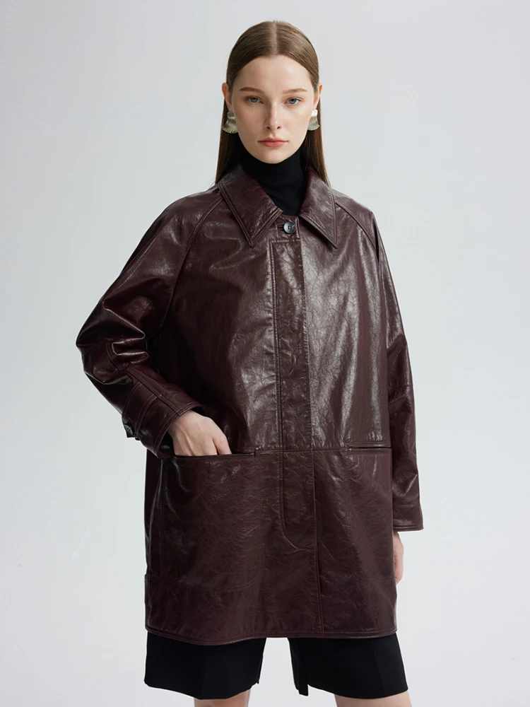 

Mid-length Genuine Leather Windbreaker Jackets for Women Spring Autumn High-end Simple Soft Oil Wax Real Goatskin Trench Coat