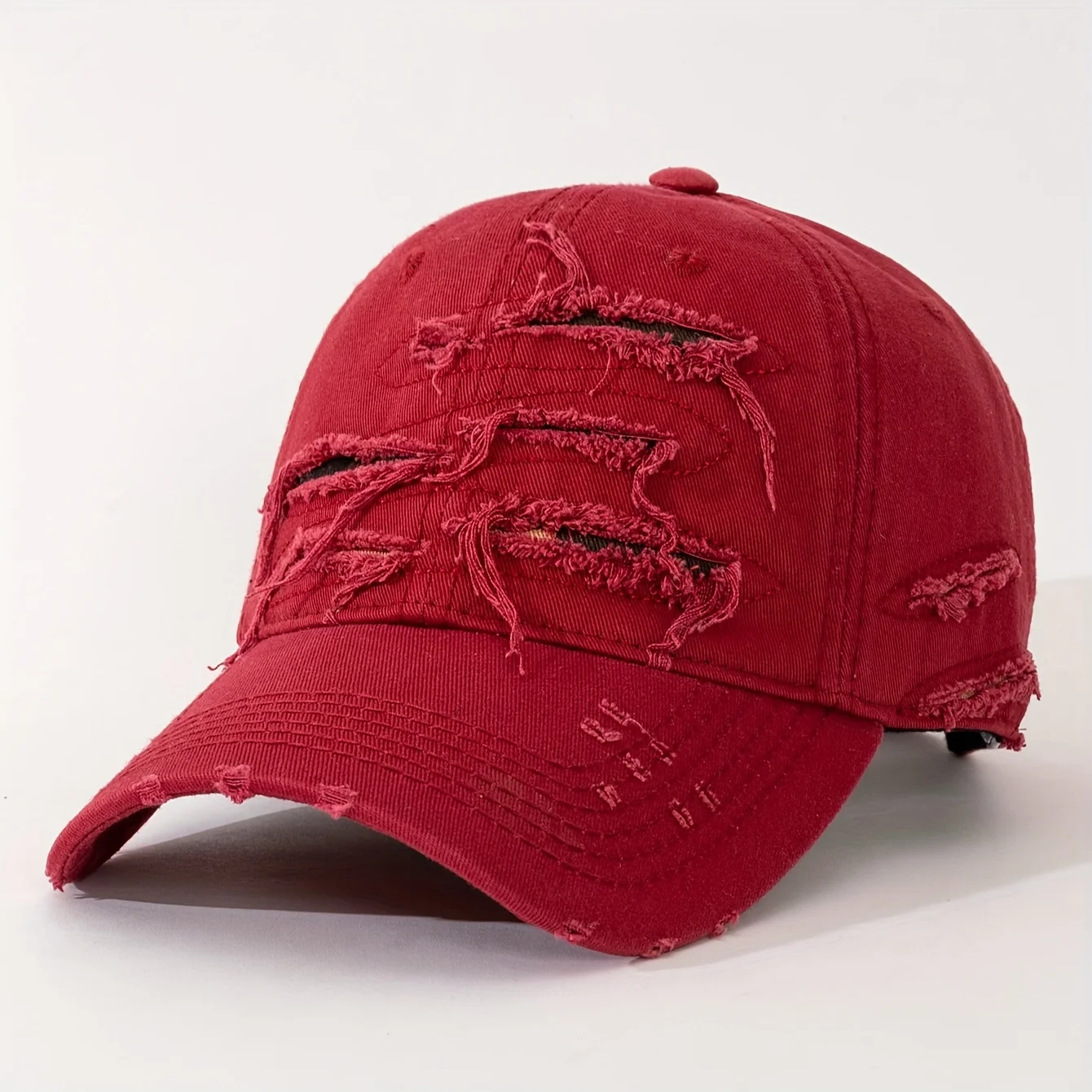 1pc raw-edged special washed baseball cap with embroidered text on the back, street style with scratches, rips, and multi-layer
