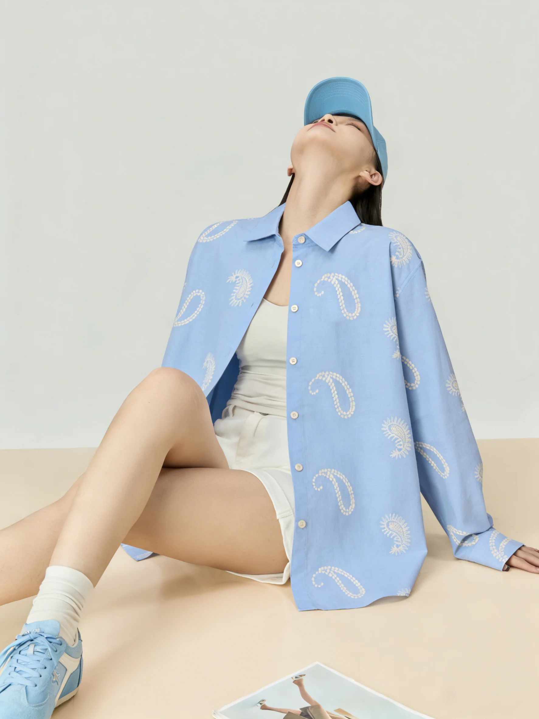 

Blue Floral Embroidery Long Sleeve Shirt Loose Commute Style Women's Spring Fashion Casual Wear Polyester Blend Button up