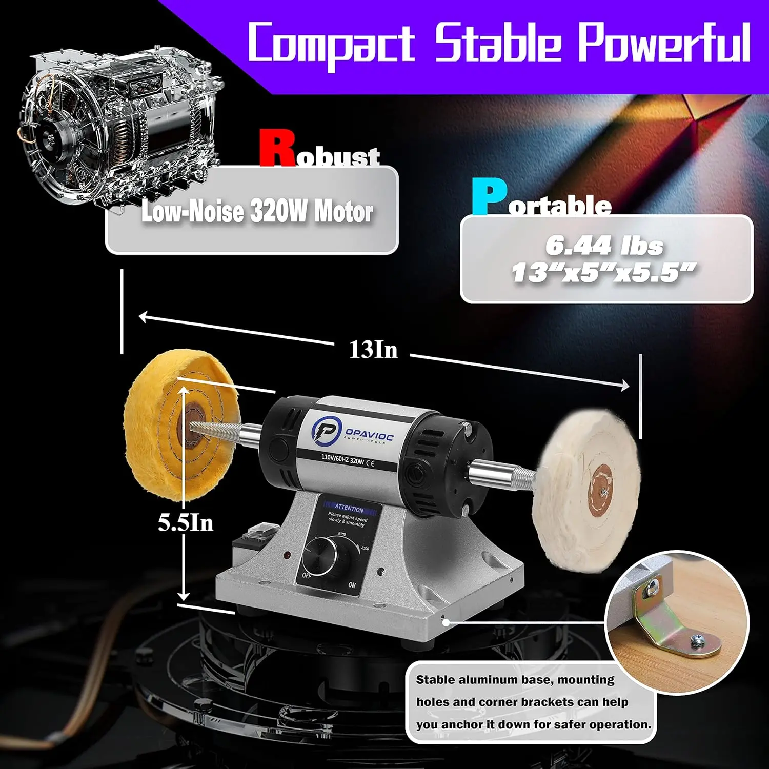 Polisher - Adjustable Variable Speed Bench Grinder Polishing & Buffing Machine, Dental Buffer & Lathe - Includes 6 Cloth Wheels,