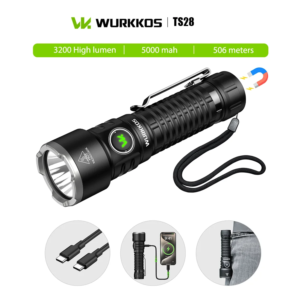 

Wurkkos TS28 Powerful Portable Tactical Flashlight 5000mAh Battery Rechargeable & Reverse Charging IP68 Waterproof for Outdoors