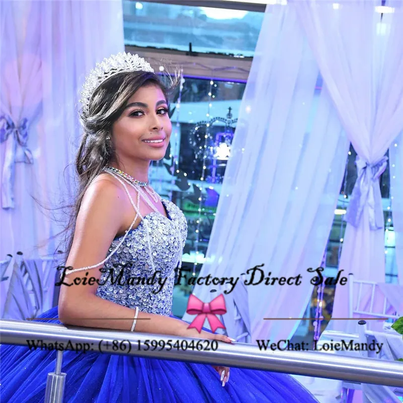 Princess Royal Blue Quinceanera Dresses Puffy Ball Gown Long Court Train Sweet 16 Dress Lace-Up Vestidos De 15 Años