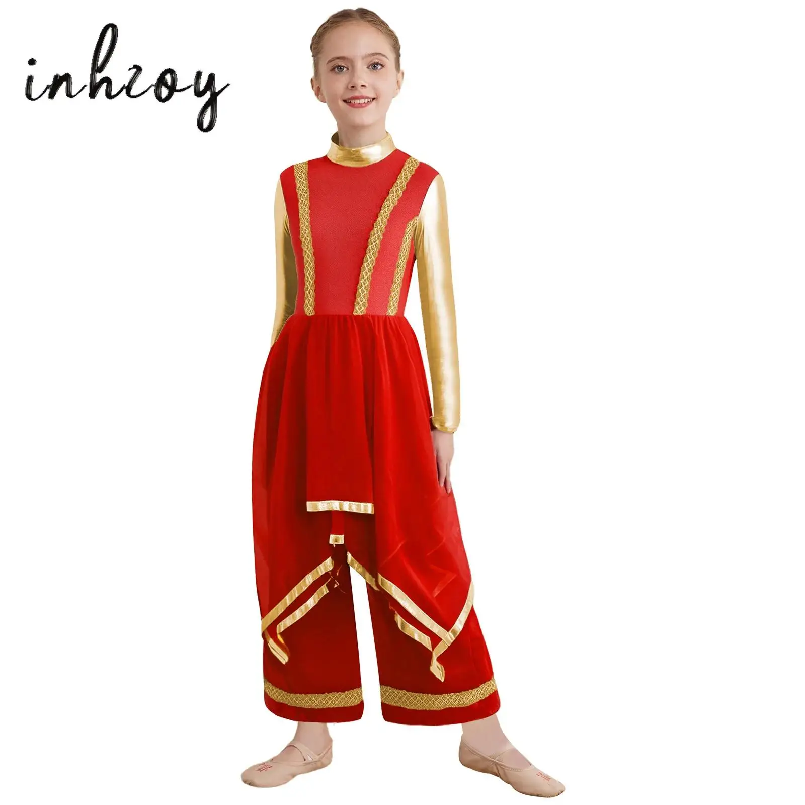 

Kids Girls Worship Liturgical Dance Dress Long Sleeve Gold Trim Metallic Color Block Irregular Hem Dress with Wide-Leg Pants
