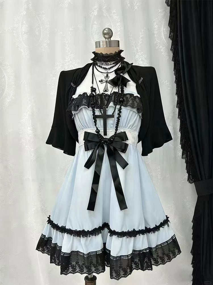 Gothic Punk Fashion Cute 2 Piece Set Women Lolita Bow Design Blue Dress + Black Cardigan Harajuku Vintage Casual Outfits Summer view 2