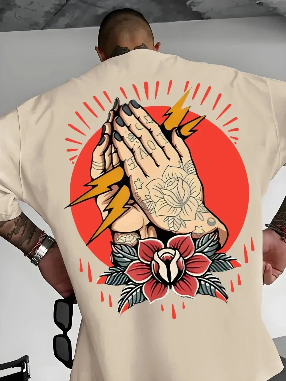 Amerikanisches Retro-Tattoo-Kunst-Gebet, 3D-Druck, atmungsaktiv, schnelltrocknend, lockeres, großes Herren-T-Shirt, Street-Casual-Hip-Hop-Oberteil – Detail 5