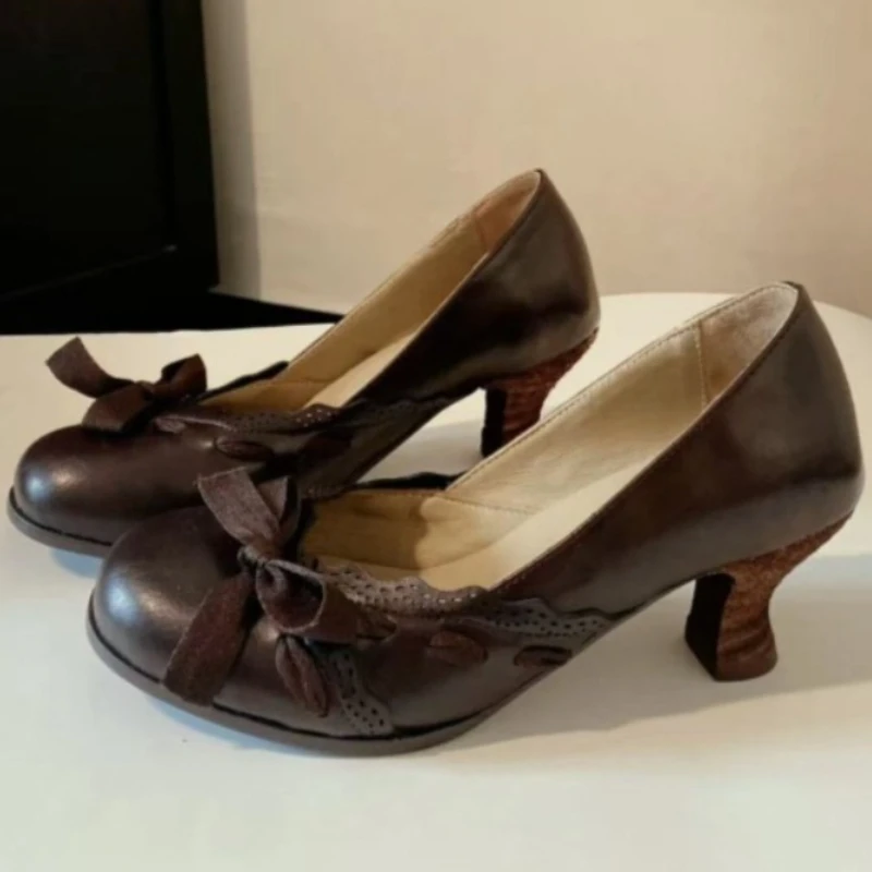 

Винтажные коричневые туфли на каблуке с бантом, женские модные туфли Мэри Джейн с круглым носком и шнуровкой, туфли в стиле сладкой Лолиты, Zapatos De Mujer