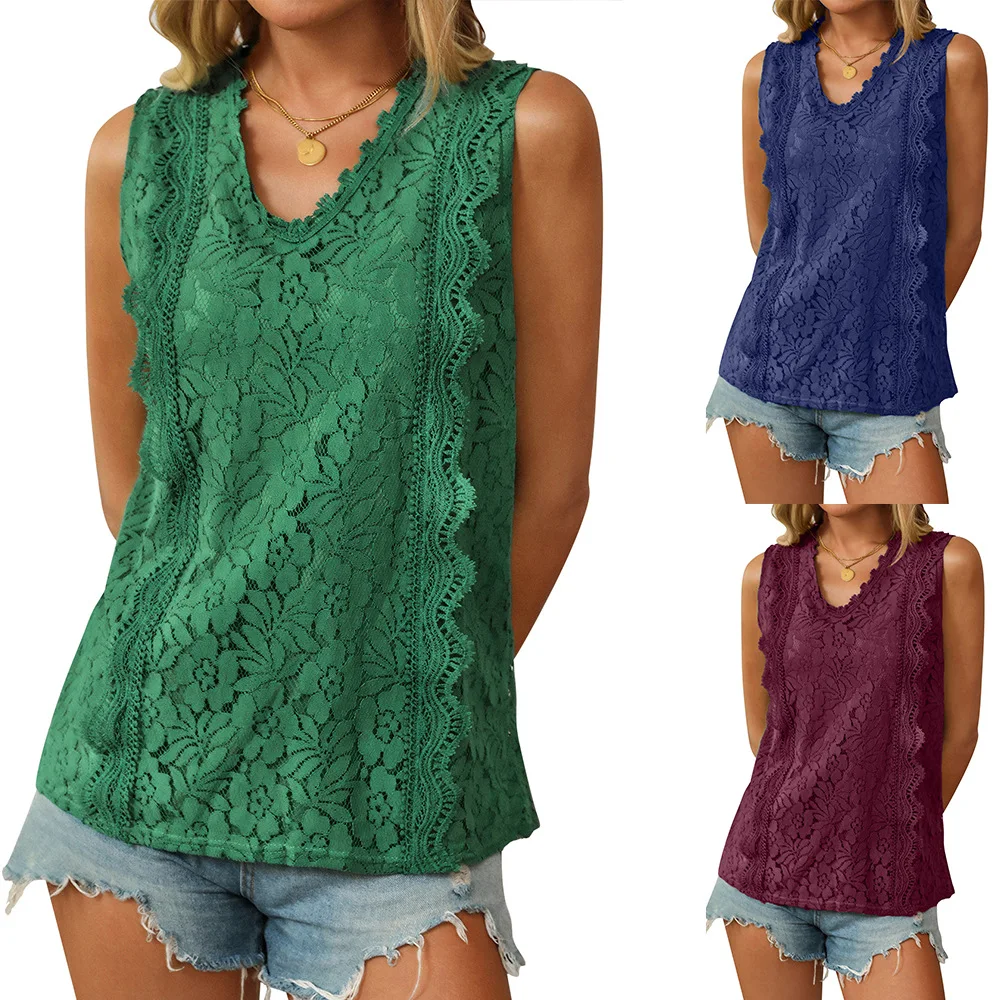 

2025 Womens Lace V Neck Tank Tops Casual Sleeveless Tunic Shirt Solid Color Loose Fit Blouse Summer Camisole Ladies Clothing