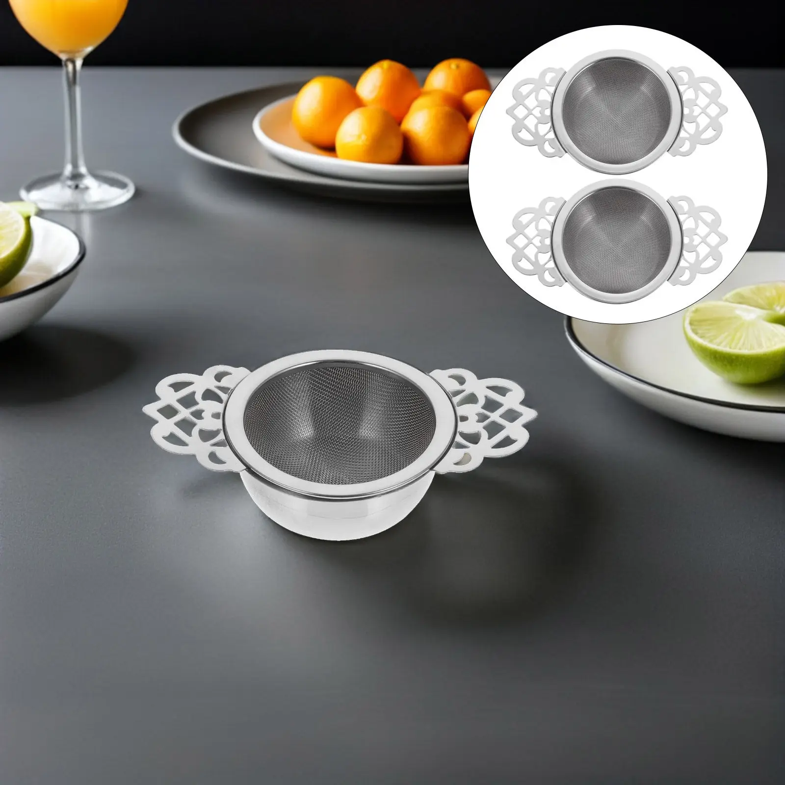2 Sets Stainless Steel Tea Steeper Net Leaves Strainer Mini with Bowl Double Handles Interval Diffuser Accessories