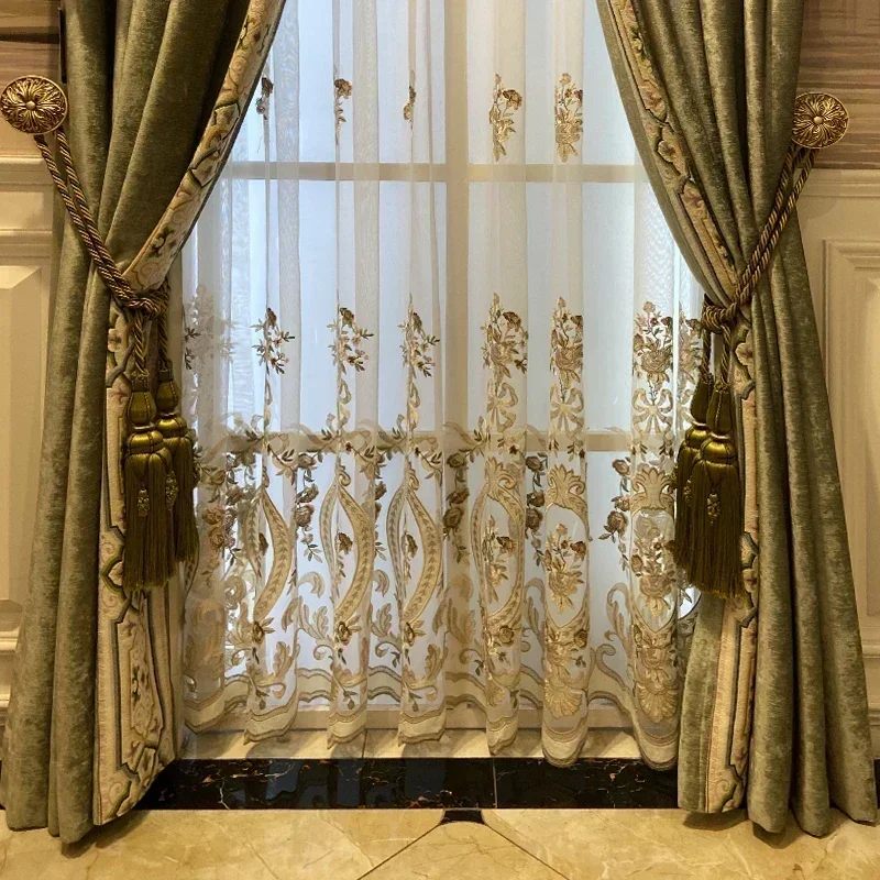 French Light Luxury Fresh Green Velvet Embroidered Lace Stitching High-end Curtains for Living Room Bedroom Villa Custom Window