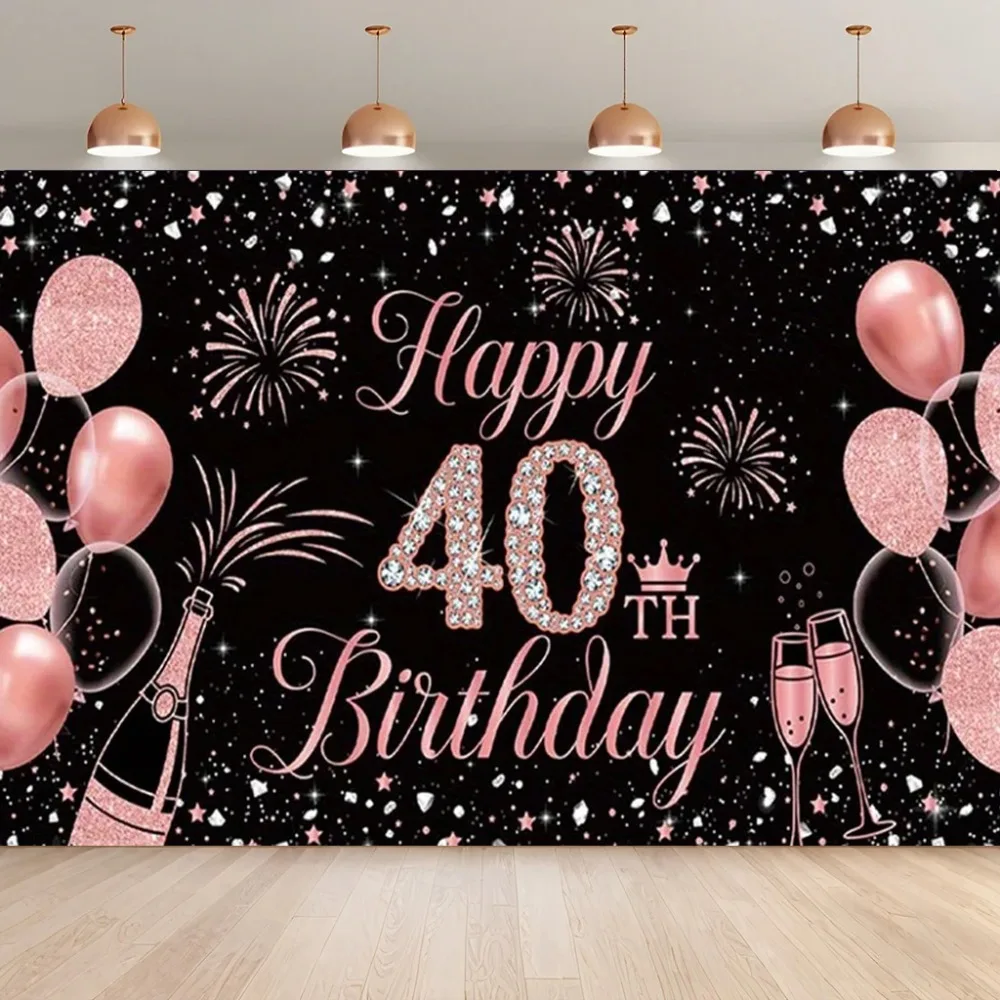 Rosa und goldene Luftballons, glitzerndes Banner, Fotografie-Hintergrund, Dekoration für die 40. Geburtstagsfeier für Erwachsene, Fotografie-Hintergrundstoff